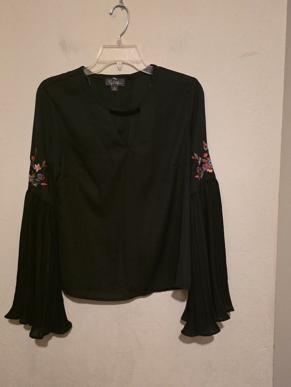 Byer California Black Embroidered Bell-Sleeve Sheer Blouse Open Back Size M